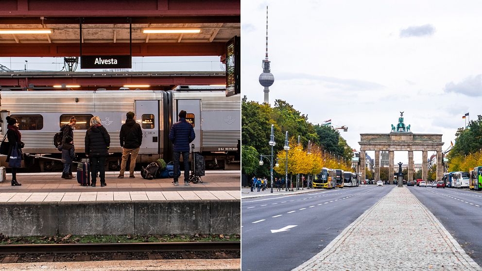 Bilden är delad i två. Den vänstra bilden är en bild på personer som väntar på tåget på perrongen i Alvesta. Den högra bilden är en bild på Brandenburger Tor i Berlin med tv-tornet i bakgrunden.