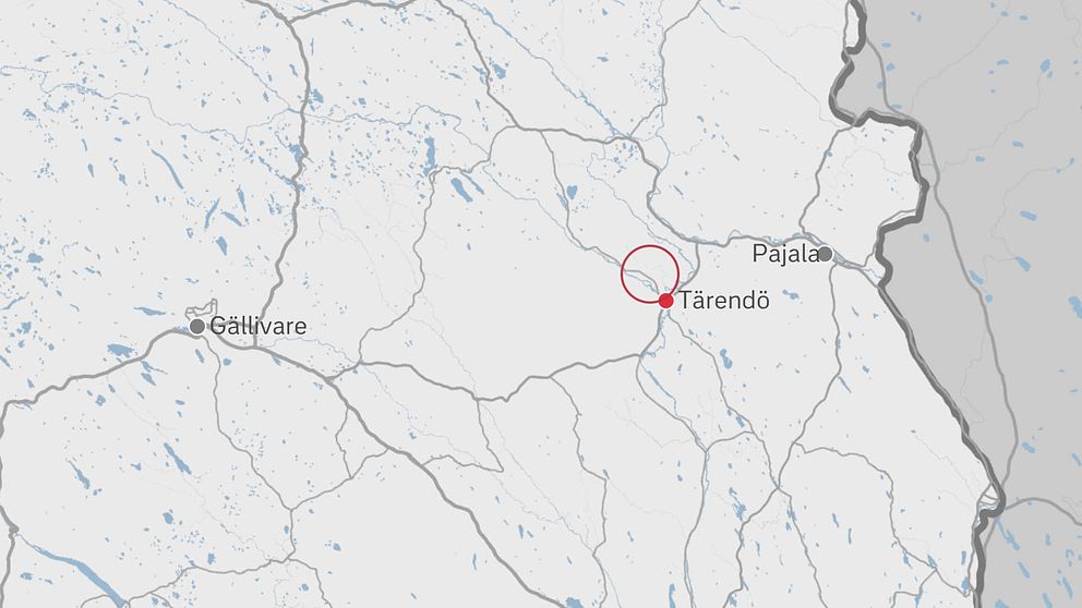 En karta över en del av Norrbotten där ett område nordväst om Tärendö är markerat med en röd ring.