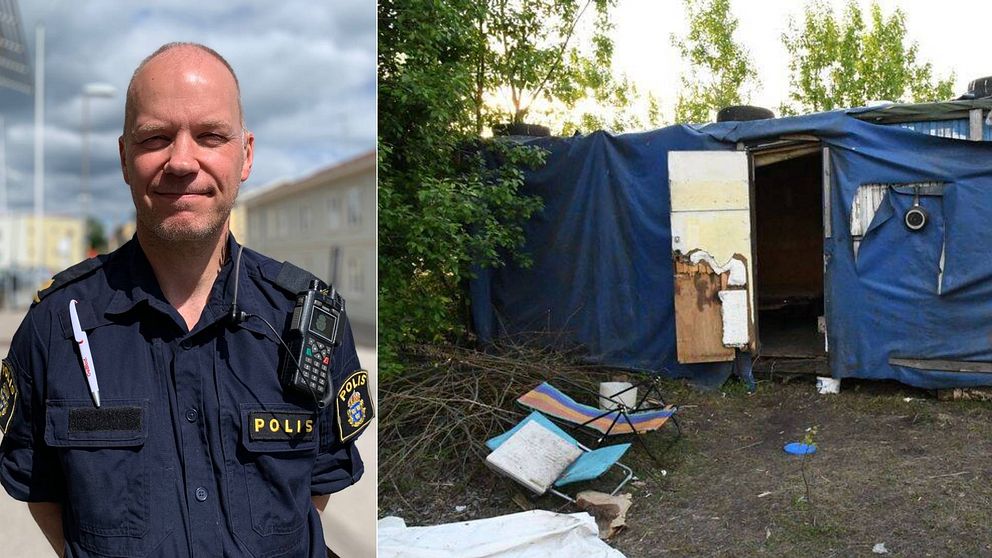 Kollage bild, till vänster manlig kommunpolisen i Hudiksvall och till höger bild på ett läger där tidigare EU-emigranter bott