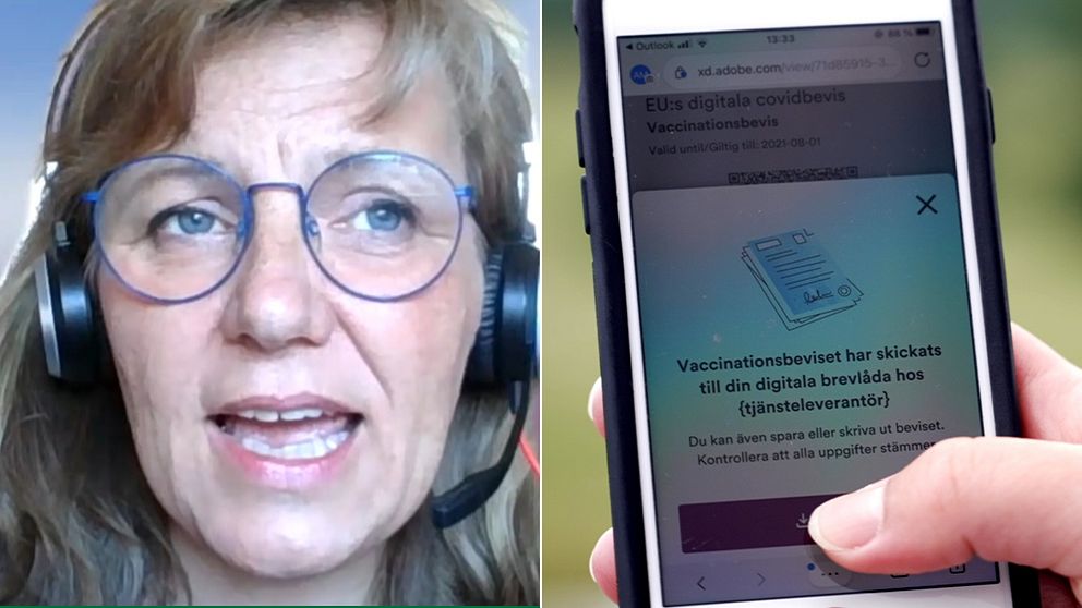 Bilden är delad i två. Den ena är en bild på Annemieke Ålenius och den andra föreställer en mobiltelefon som är inne på e-hälsomyndighetens digitala tjänst för covidbevis.