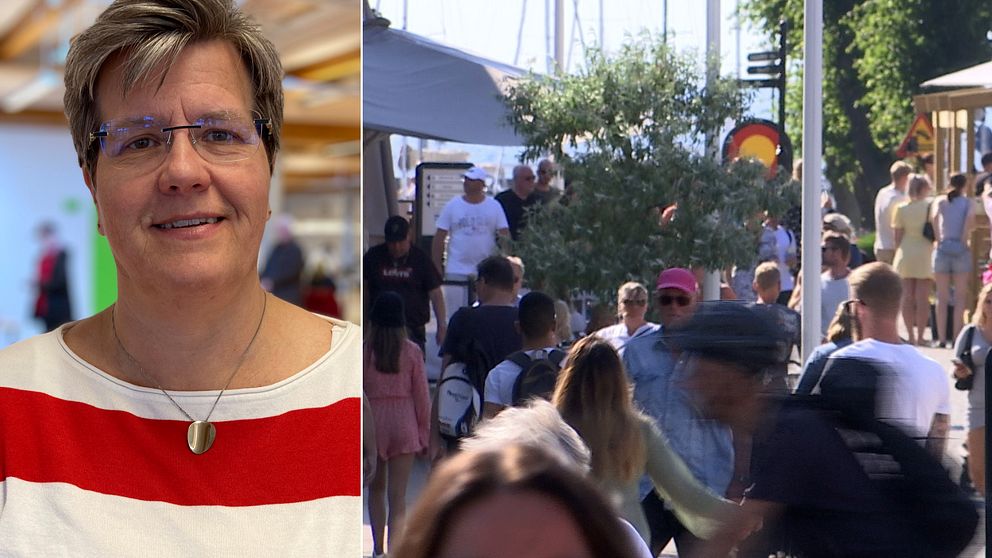 Bilden är delad i två. Den vänstra bilden är en porträttbild på Region Kalmar läns vaccinsamordnare, Marie Ragnarsson. Den högra bilden föreställer en folksamling i Borgholm under sommaren.