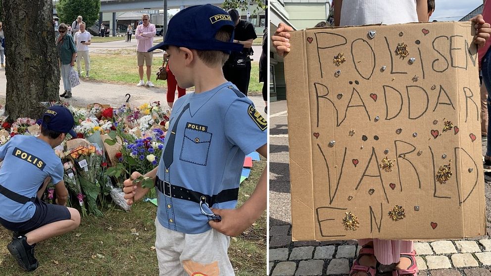 Delad bild. Två pojkar i poliströjor lägger ner blommor. En flicka håller en skylt med texten ”polisen räddar världen”.