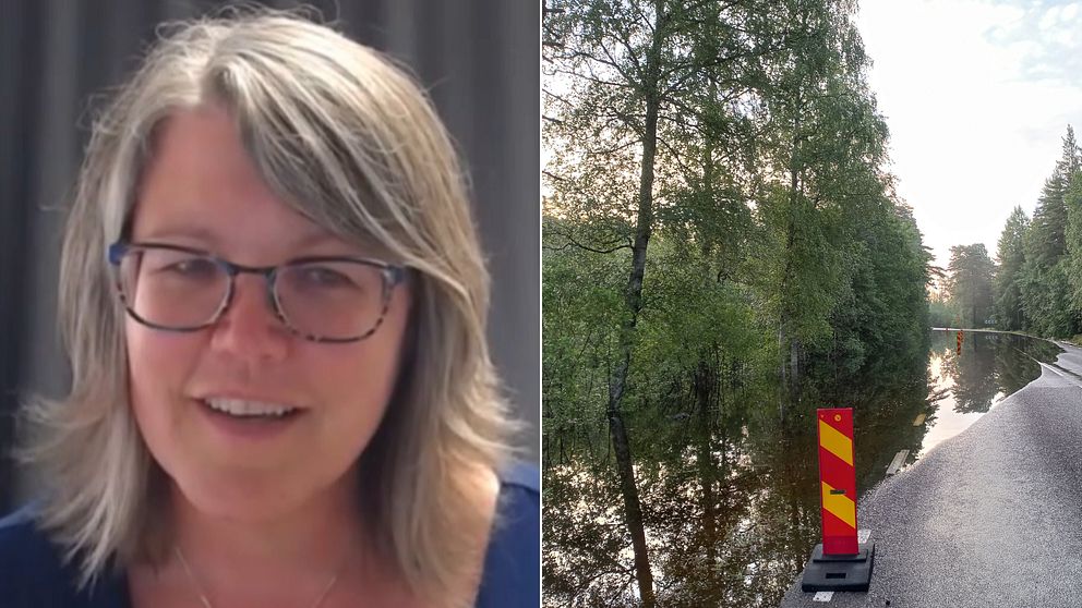 Bilden är delad i två. Den vänstra är en porträttbild på, SMHI:s meteorolog, Therese Fougman. Den högra bilden är en bild på en översvämmad väg.