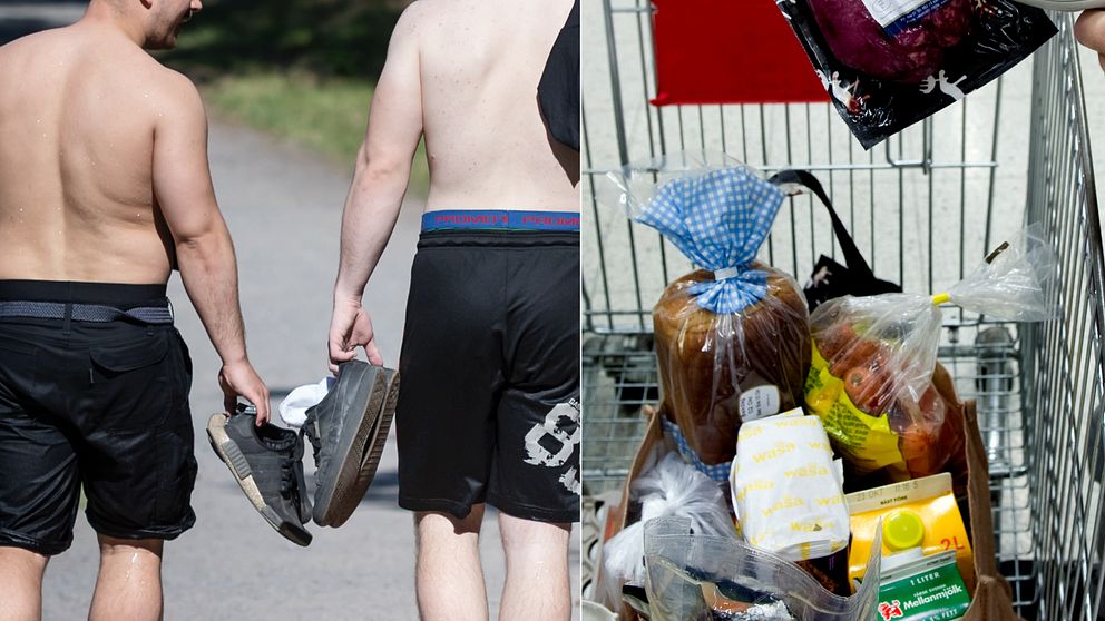 Två kombinerade bilder, en på två män i bar överkropp, en på en kundvagn fylld med mat.