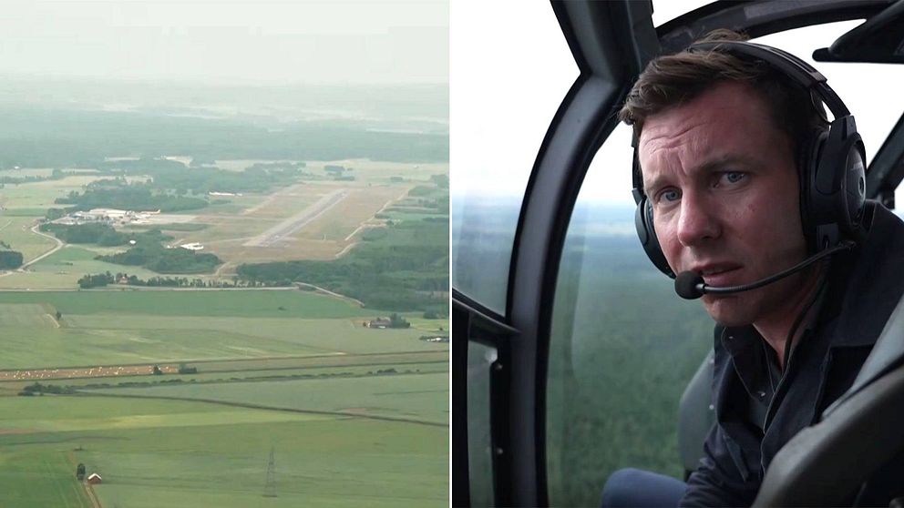 SVT:s reporter Oskar Jönsson i helikopter ovanför Örebros flygplats