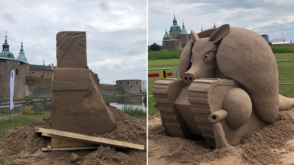 Bild på två av verken i 2021 års sandskulpturfestival i Kalmar.