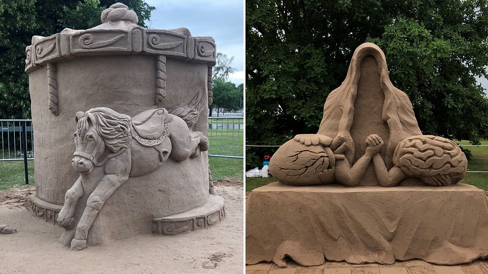 Bild på två av verken i 2021 års sandskulpturfestival i Kalmar.