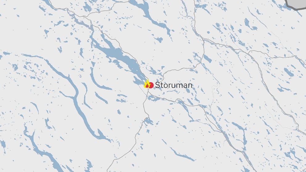 En karta där Storuman finns utmärkt. Intill ortsnamnet en brandsymbol.