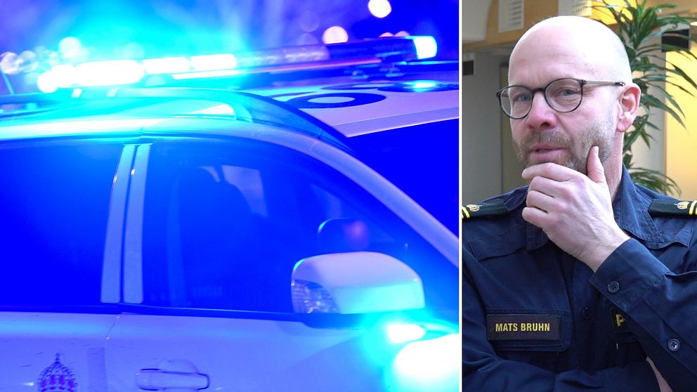 Tvådelad bild. Till vänster en del av en polisbil med blåljus på. Till höger en uniformerad polis som håller handen över hakan.