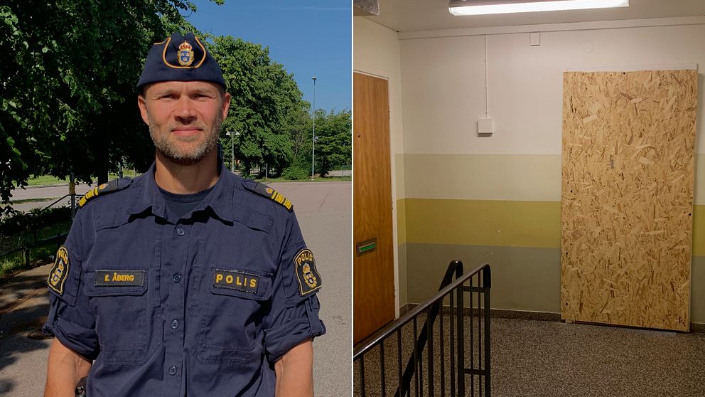 Bild på Erik Åberg, biträdande lokalpolisområdeschef för Malmö söder. Till höger om honom syns en bild från ett trapphus i Nydala där en skottlossning ägde rum under söndagsnatten.
