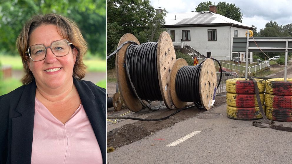 Bilden är delad i två. Den vänstra bilden är en porträttbild på Karin Helmersson, ordförande i regionala utvecklingsnämnden (C) i Kalmar län. Den andra bilden föreställer två rullar med kablar för fibernätverk.
