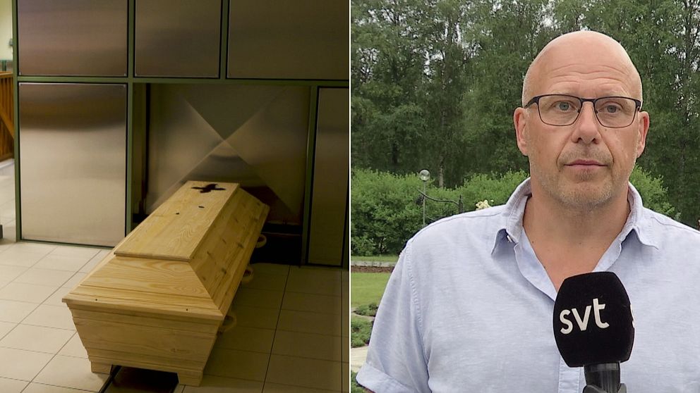 Tvådelad bild. till vänster: Träkista som ska in för kremering. Till höger: Fredrik Lundberg, kyrkogårdschef.