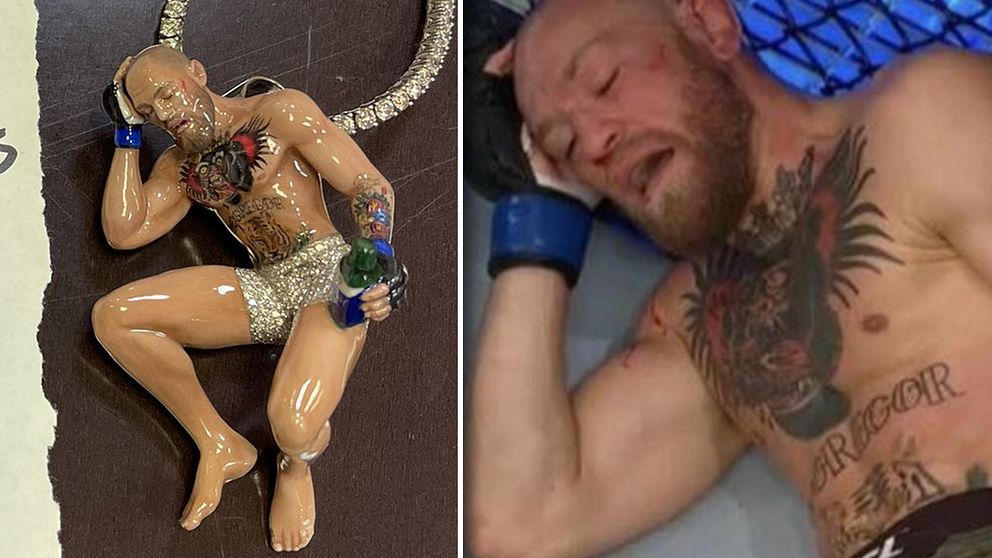 Höger: Conor McGregor knockad i januari. Vänster: Halsbandet som nu ska auktioneras ut.