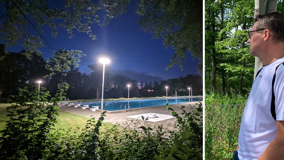 Fotomontage, en person som tittar mot en pool, och en bild på en pool nattetid