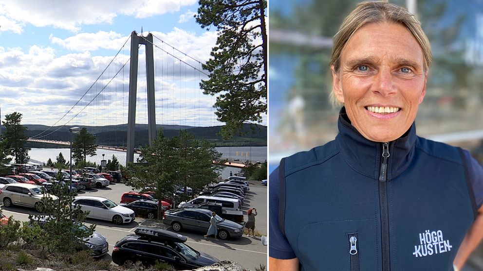 mängder av bilar på parkeringen vid Höga kusten-bron, samt porträtt på Mia Karlsson – en leende medelålders kvinna