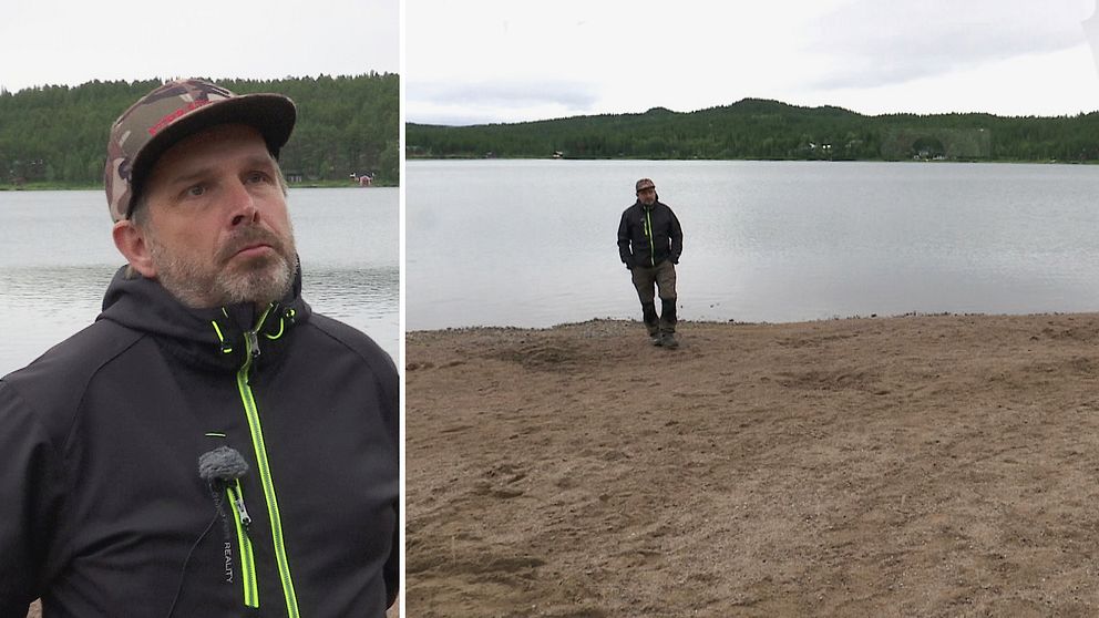 närbild en man i jacka och keps, samt vy där han står på sandstrand framför vatten, och skog bortanför