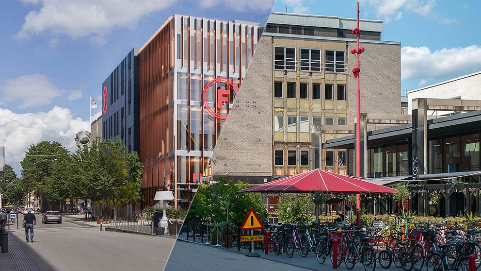 Till höger: Byggnaden som den ser ut idag. Tilll vänster: Arkitektritning av slutresultatet.