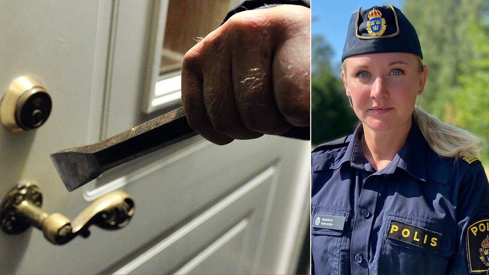 Genrebild på person som håller en kofot framför en dörr. Den högra bilden visar en halvbild på polisen Madeleine Holmström.