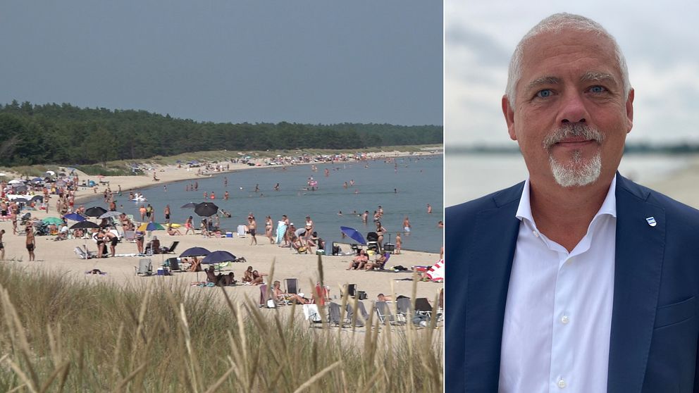 Bilden är delad i två. Den vänstra bilden är en en bild på en lång sandstrand med mycket badgäster på stranden och i havet. Den högra bilden är en porträttbild på Borgholms kommunchef, Jens Odevall. Han har på sig en mörkblå kostym och vit skjorta. Håret är kort och vitt. Han har blå ögon och vitt kort skägg.