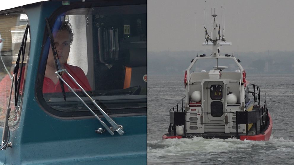 Bilden är delad i två. Den vänstra bilden föreställer en yngre man som sitter i fören. Han tittar rakt ut genom båtens fönster. På fönstren syns vindrutetorkare. Den högra bilden visar baksidan av RS Kalmars sjöräddningsbåt när den är ute på Kalmarsund. Vädret är disigt och grått.