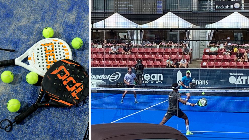 Fotomontage av en bild på padelracket och personer som spelar padel