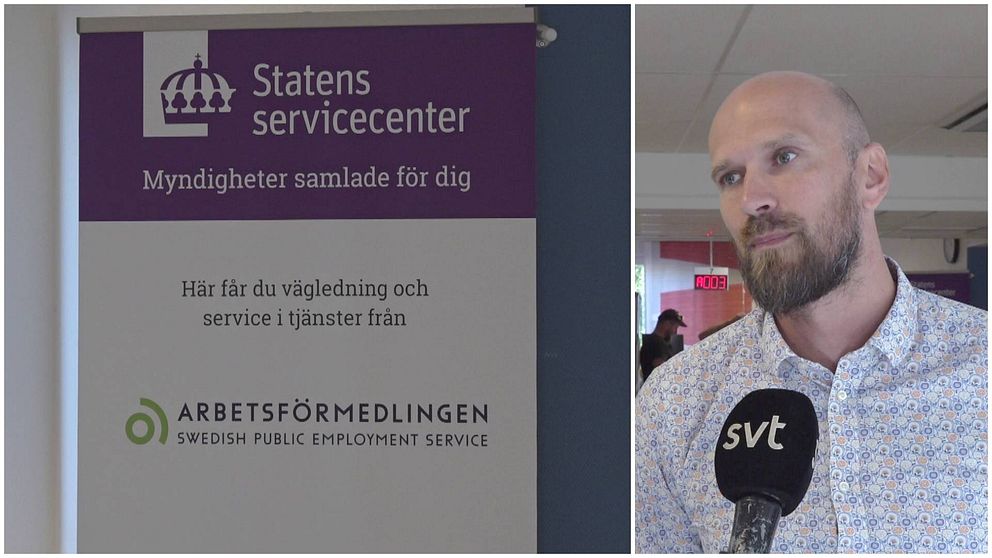 Till vänster en skylt ”Statens servicecenter”, arbetsförmedlingen. Till höger en man med skägg och skjorta.