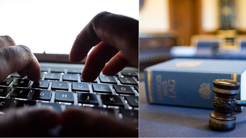 Händer vid tangentbord till vänster och en lagbok med domarklubba till höger.