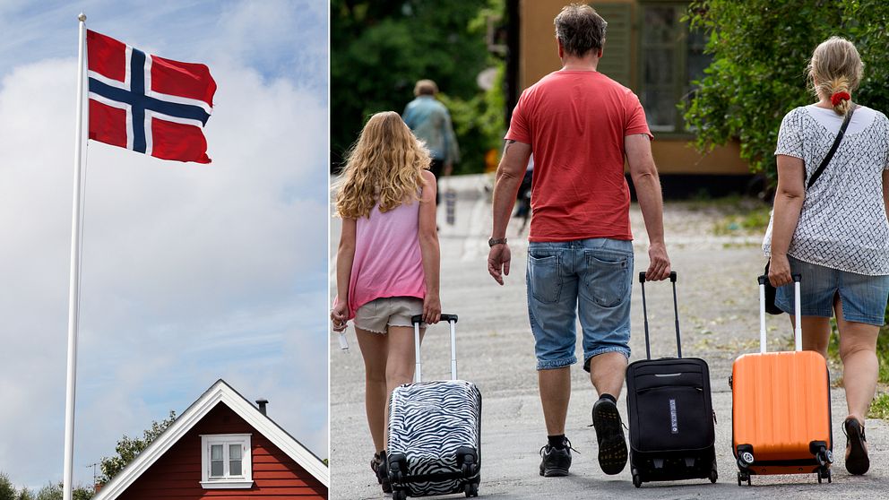 Ett collage: En bild på norska flaggan t.v. och en bild på en familj med resväskor t.h.