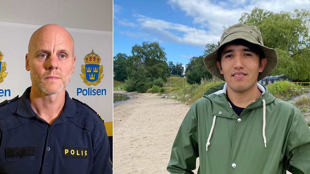 BILD PÅ LOKALPOLISOMRÅDESCHEF KRISTOFFER AXELL. BILD PÅ AMIR FAQIRI, GRUNDARE AV KEEP JKPG CLEAN, SOM STÅR PÅ VÄTTERSTRANDEN I JÖNKÖPING.