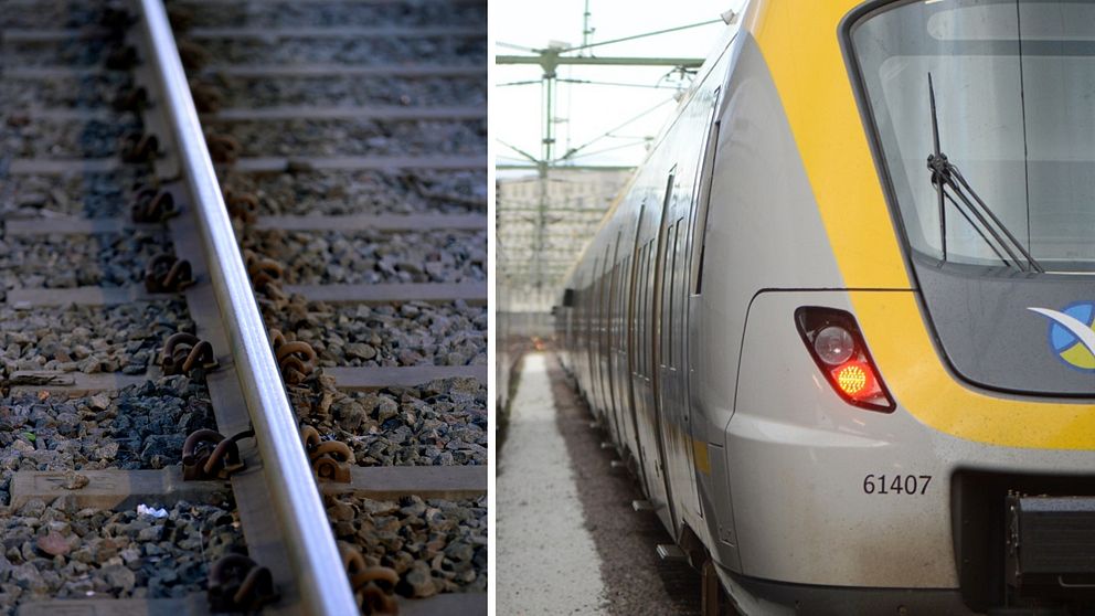 Till vänster en bild på en tågräls och till höger en bild på ett tåg.