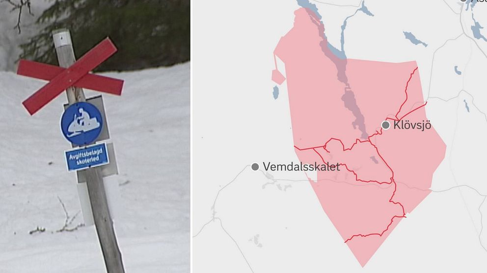 Delad bild. Till vänster ett ledkryss med markering för skoterled. Till höger en karta med ett rosafärgat område i Klövsjö.