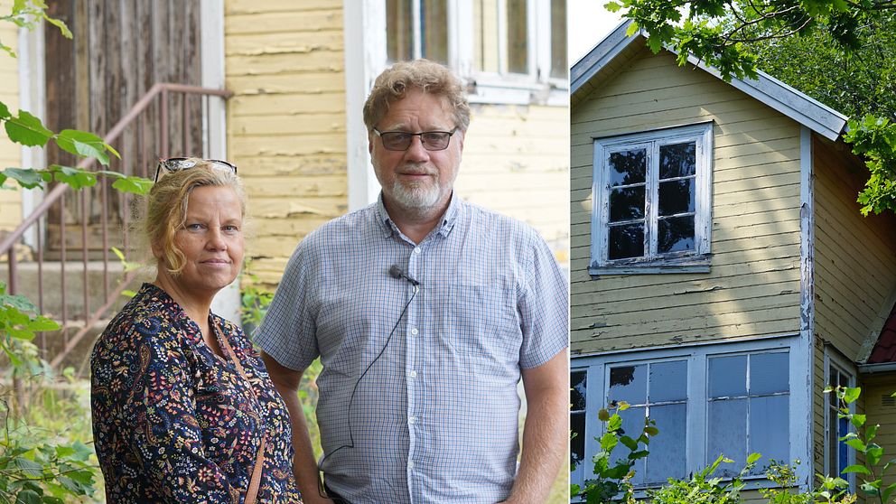 Yvonne och Magnus står bredvid varandra framför ett guld ödehus. De tittar in i kameran. Bilden bredvid föreställer det gula ödehuset.