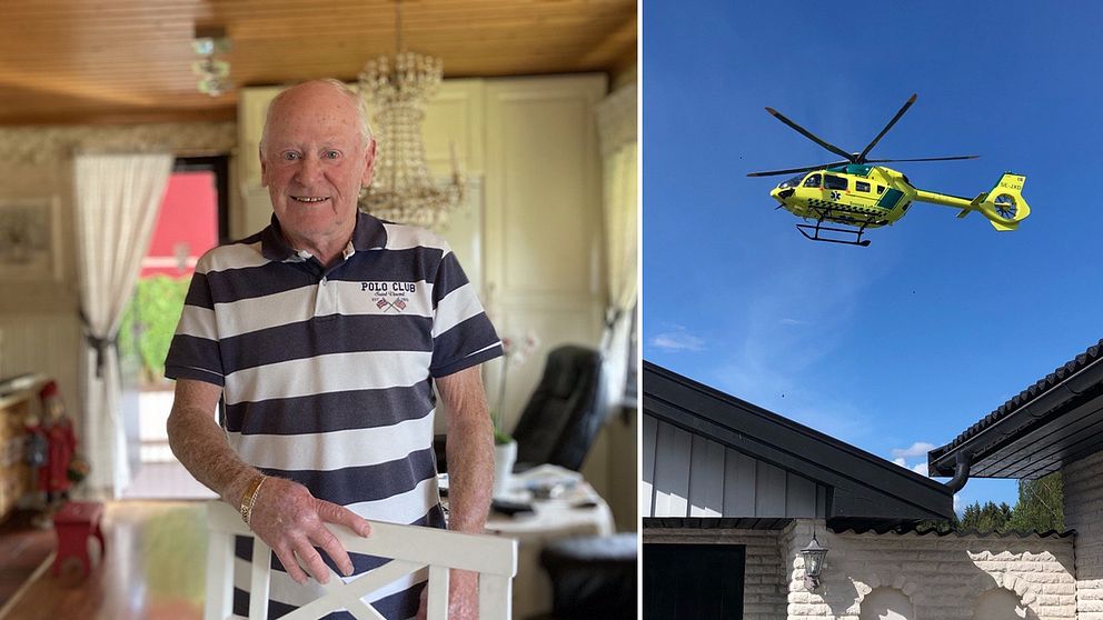 Collage. Rallyprofilen Bror Danielsson står i sitt kök. En helikopter svävar över hans hus.