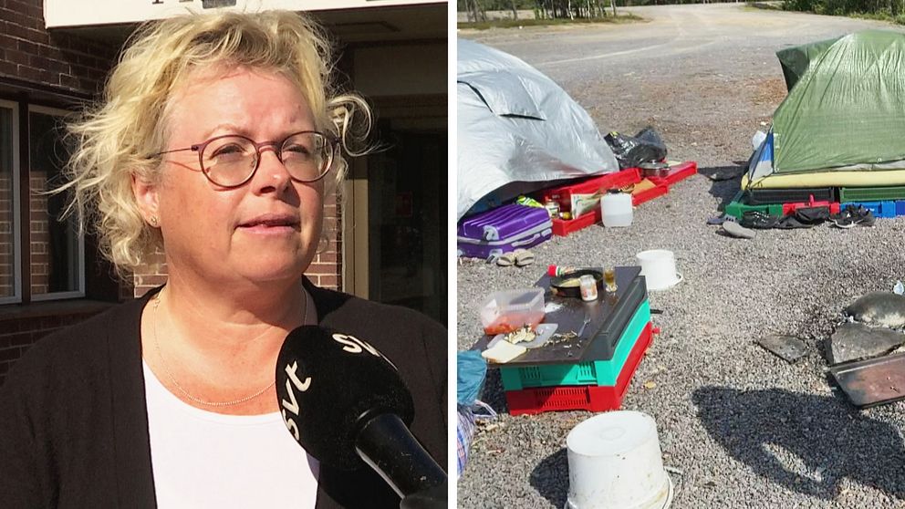 En kvinna med glasögon och blont hår till vänster och en bild på en parkering med flera tält och skräp runt omkring.