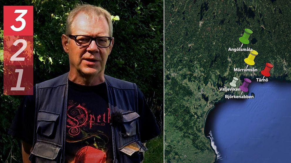 Karta med nålar markerar plats för Blekinges fem nya naturreservat.