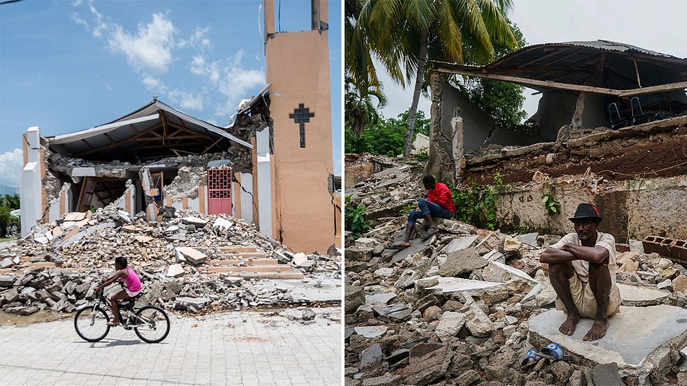 Jordbävningsdrabbade personer i ruinerna efter jordbävningen på Haiti.