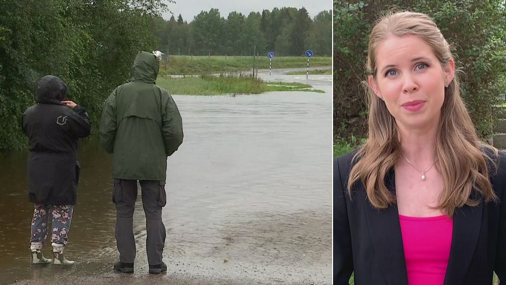 meteorolog, regn, regnjacka, två personer, översvämmad väg
