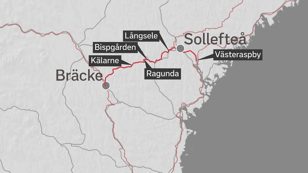 Stationer längs sträckan genom Bräcke, Ragunda, Sollefteå och Kramfors kommuner.