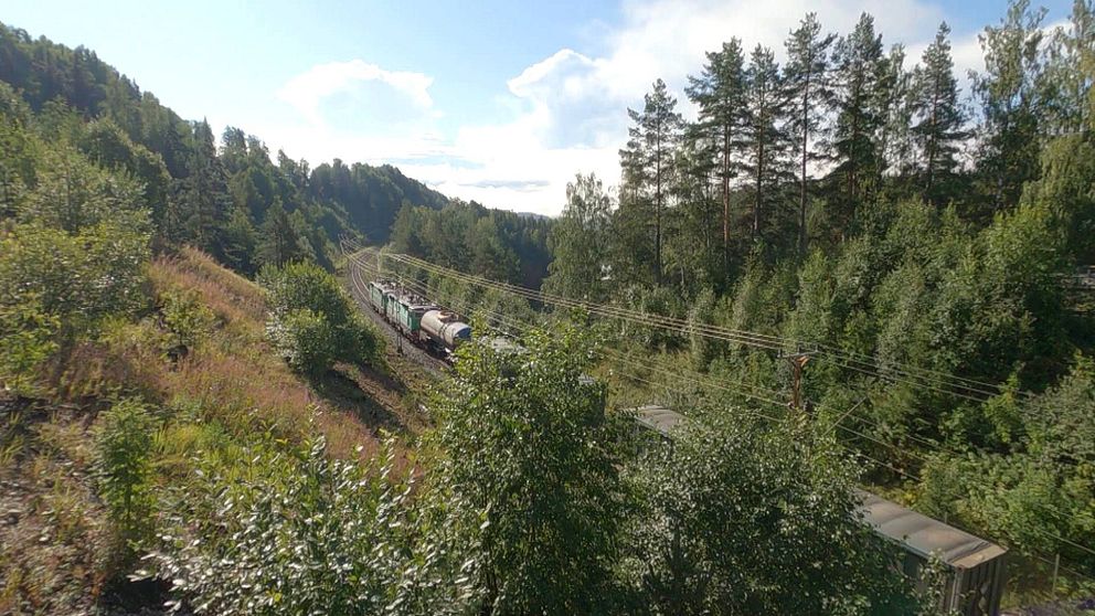 Godståg på Stambanan genom övre Norrland vid Döda fallet i Ragunda kommun.