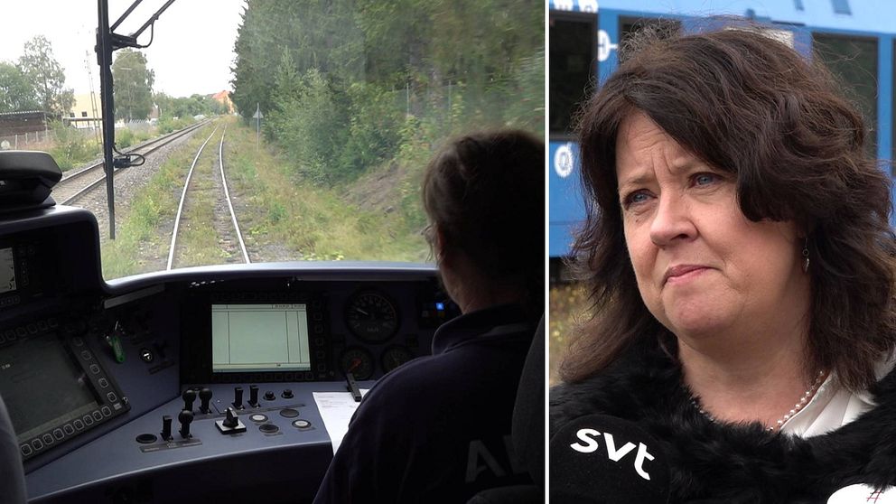 Delad bild. Till vänster bild inifrån förarhytten på ett tåg. Till höger kvinna med mörkt lockigt hår.