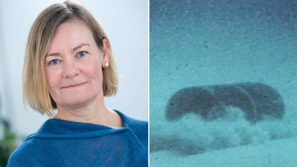Delad bild. Till vänster kvinna med page och blå tröja. Till höger suddig bild på en tunna på havsbottnen.