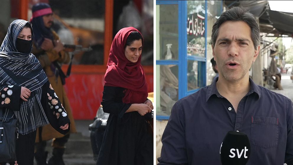 Kvinnor på en gata i Kabul samt SVT:s korrespondent Samir Abu Eid.