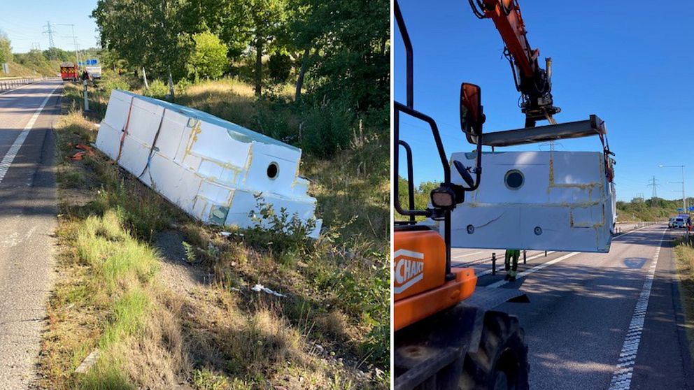 En stor glasfiberpool gled av en lastbil på E22 utanför Oskarshamn. För att frakta bort den fick transportföretaget ta dit en grävmaskin.