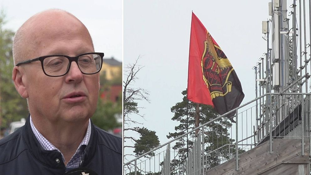 Delad bild. Till vänster skallig man med svartbågade fyrkantiga glasögon. Till höger, svar-röd-gul flagga med Östersunds fotbollsklubbs logga på.