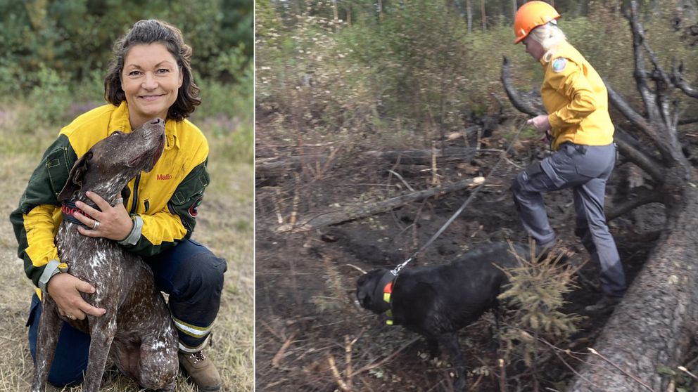 En bild där Malin Kyllesjö håller om sin hund Ripa och en bild där Karin Arfalk Löwenborg går med sin hund Scott i koppel i skogen.