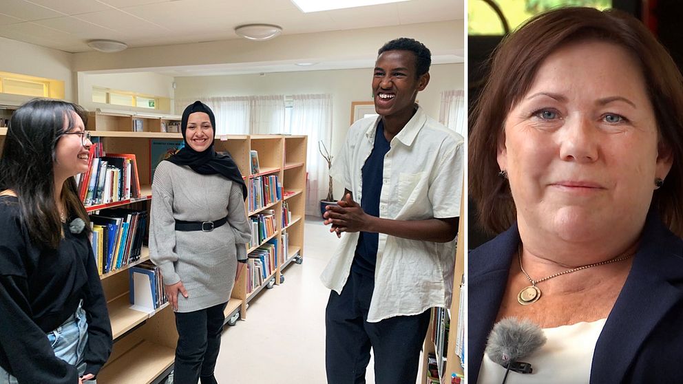 Starta klippet för att höra vad eleverna Bella Tong, Liban Muhamed och Razan Abdularzak tycker om Sandeklevskolan – där Charlotta Björk (t.h) är rektor.