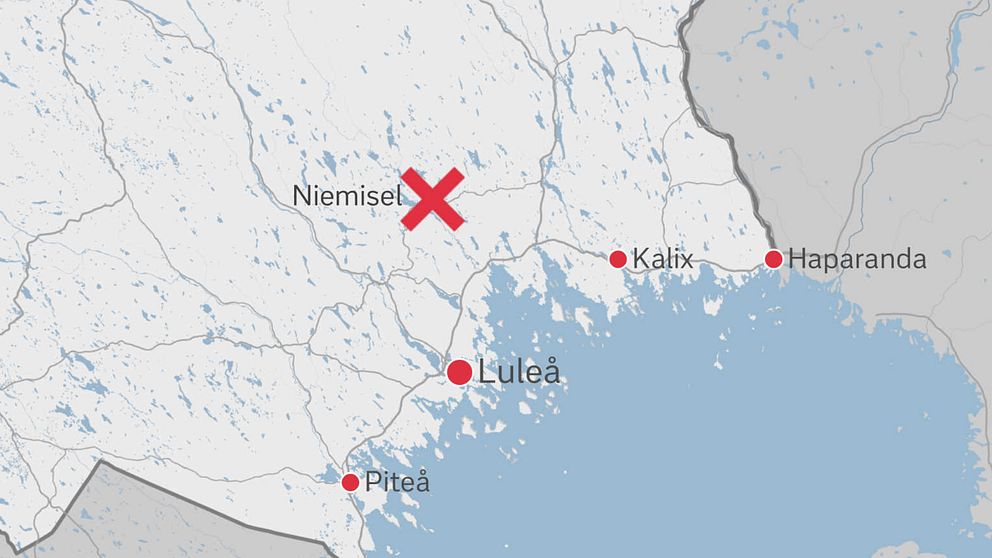 Karta över södra Norrbotten, kryss markerar var byn Niemisel ligger