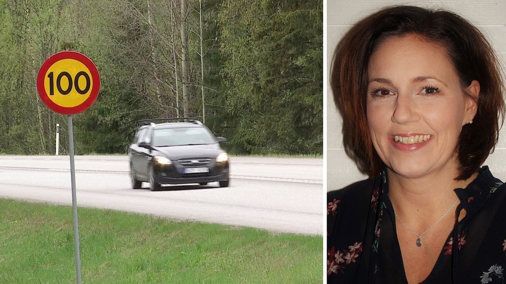 Till vänster syns en bil som kommer körandes på en väg med en hastighetsskylt som visar 100 km/h. Till höger är Helena Werre, hon har bruna ögon och axellångt brunt hår.