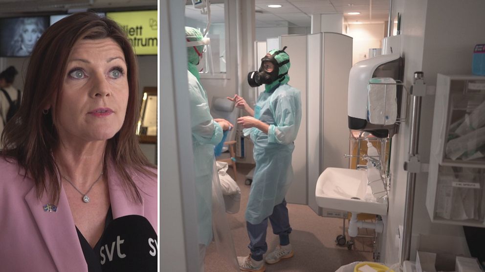 Delad bild. Den till vänster föreställer en kvinna i rosa kavaj med en SVT-mikrofon under hakan. Den till höger två personer klädda i mask och skyddsutrustning i vårdmiljö.