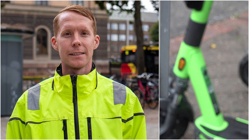 Johan Larsson, enhetschef på Gävle kommun och en bild på en inzoomad elsparkcykel